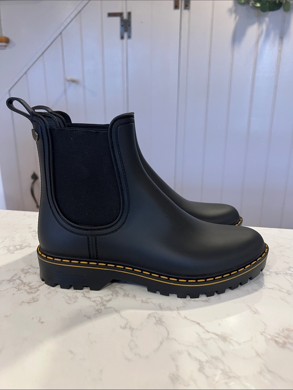 Igor Matte Black Chelsea Rain Boots with Yellow Welt Stitching, 37, NWT